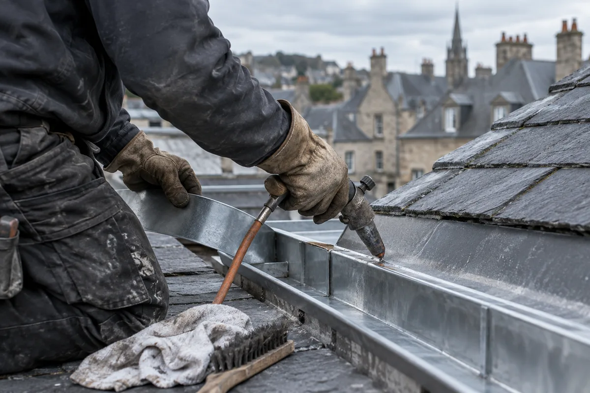 Zingueur vu de dos sur un toit d’ardoise, mains gantées reprenant la soudure d’un chéneau en zinc