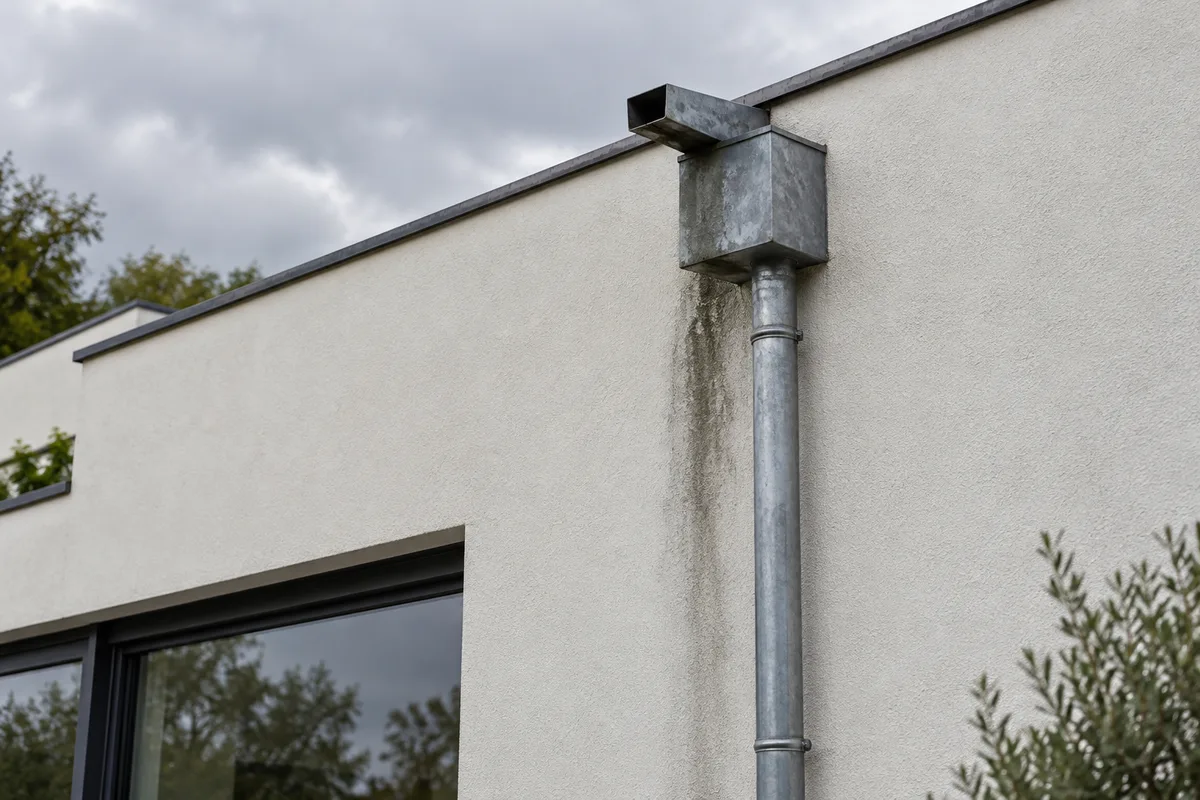 Gargouille en zinc au-dessus d’une boîte à eau et d’une descente, coulure sombre sur l’enduit d’une façade à toit plat