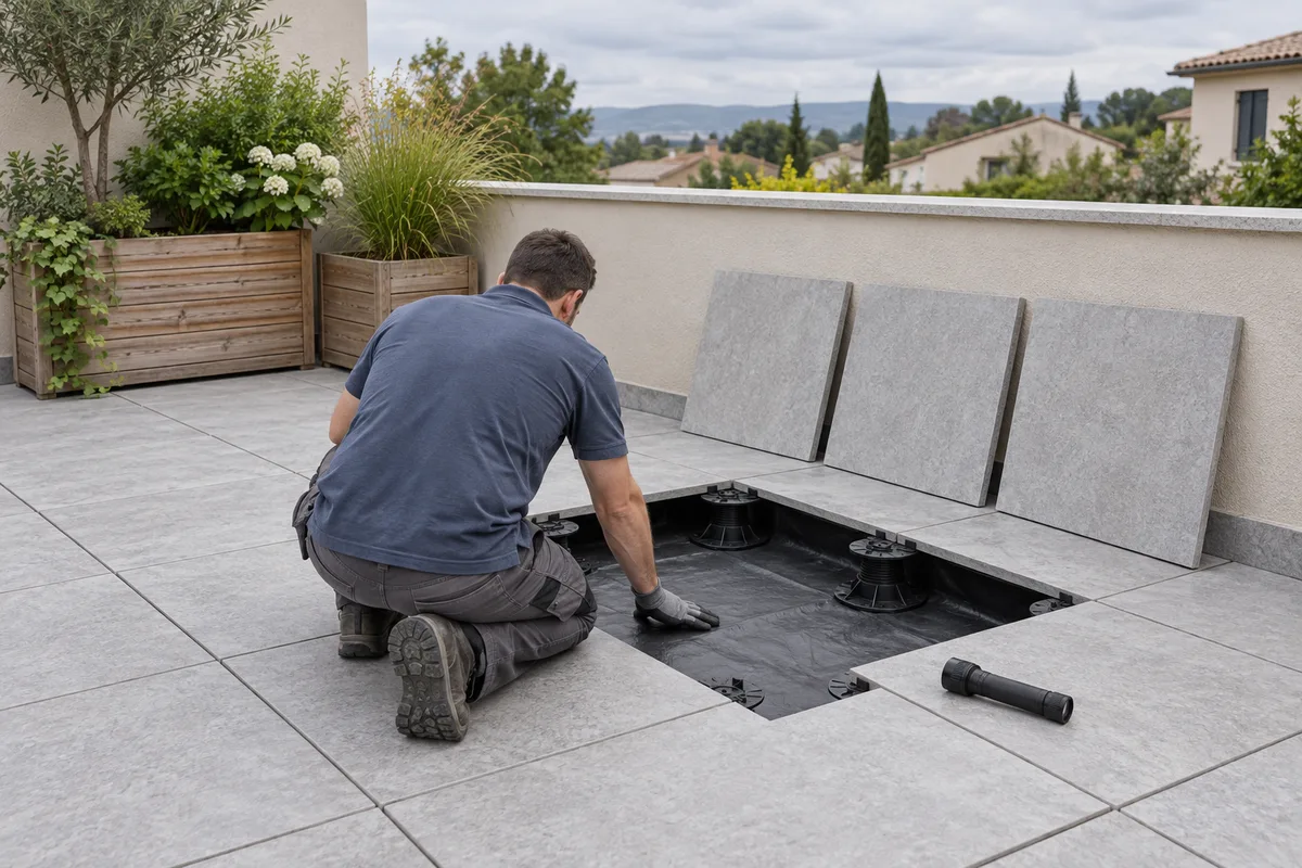 Dalles sur plots soulevées sur une terrasse, laissant voir la membrane d’étanchéité noire et les plots réglables