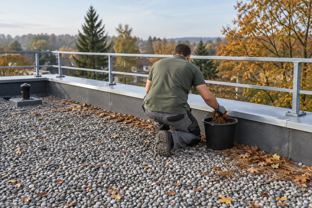 Artisan vu de dos ramassant des feuilles mortes le long du relevé d’un toit-terrasse gravillonné