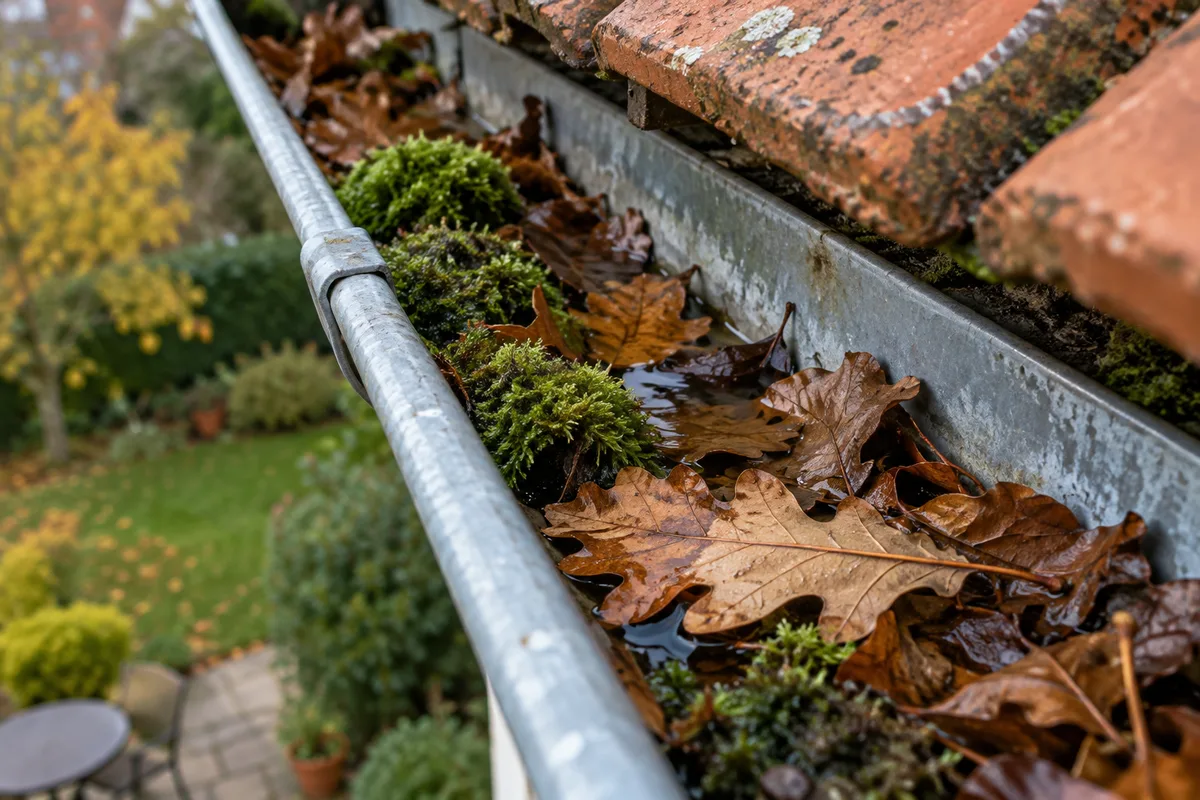 Feuilles mortes et mousses accumulées au fond d’une gouttière en zinc, vues en gros plan