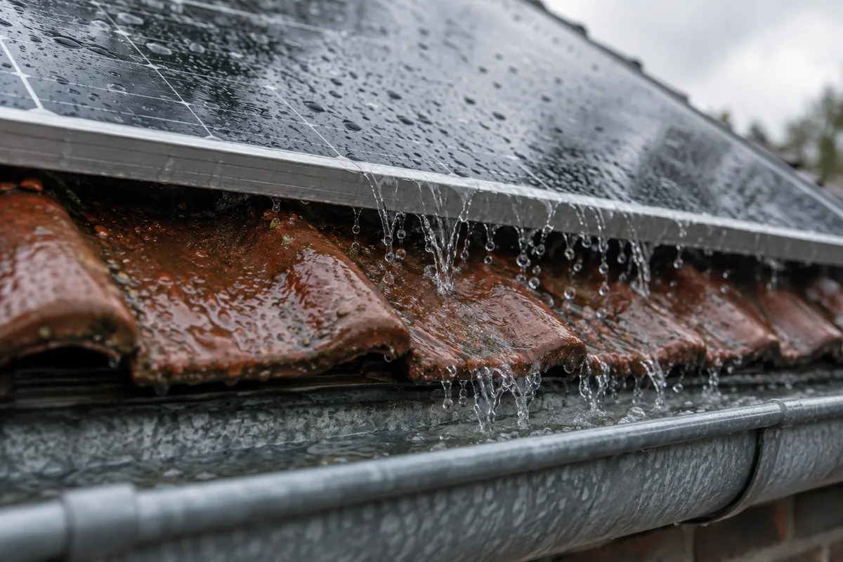 Eau de pluie ruisselant du bord inférieur d&rsquo;un panneau solaire vers une gouttière en zinc, sur une toiture en tuiles