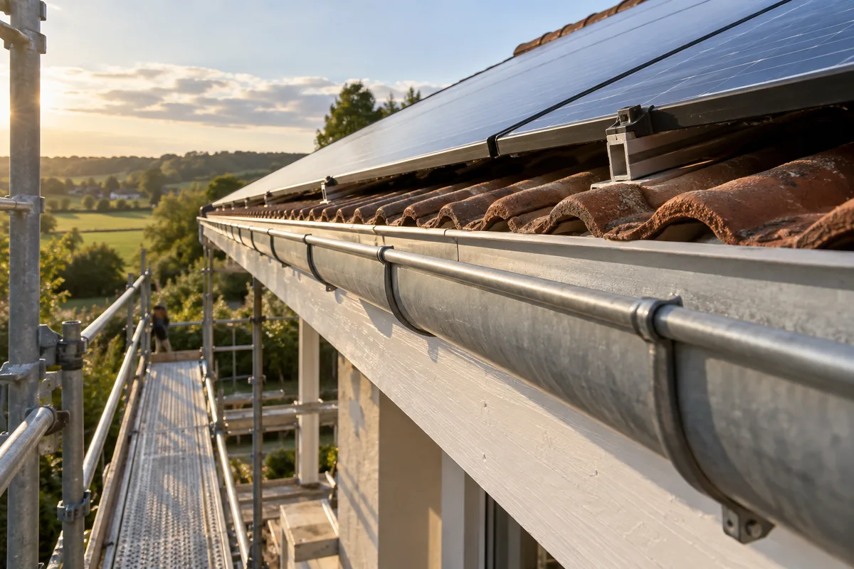 Vue latérale depuis un échafaudage d&rsquo;une gouttière en zinc sur crochets, sous une rangée de panneaux solaires posés sur tuiles