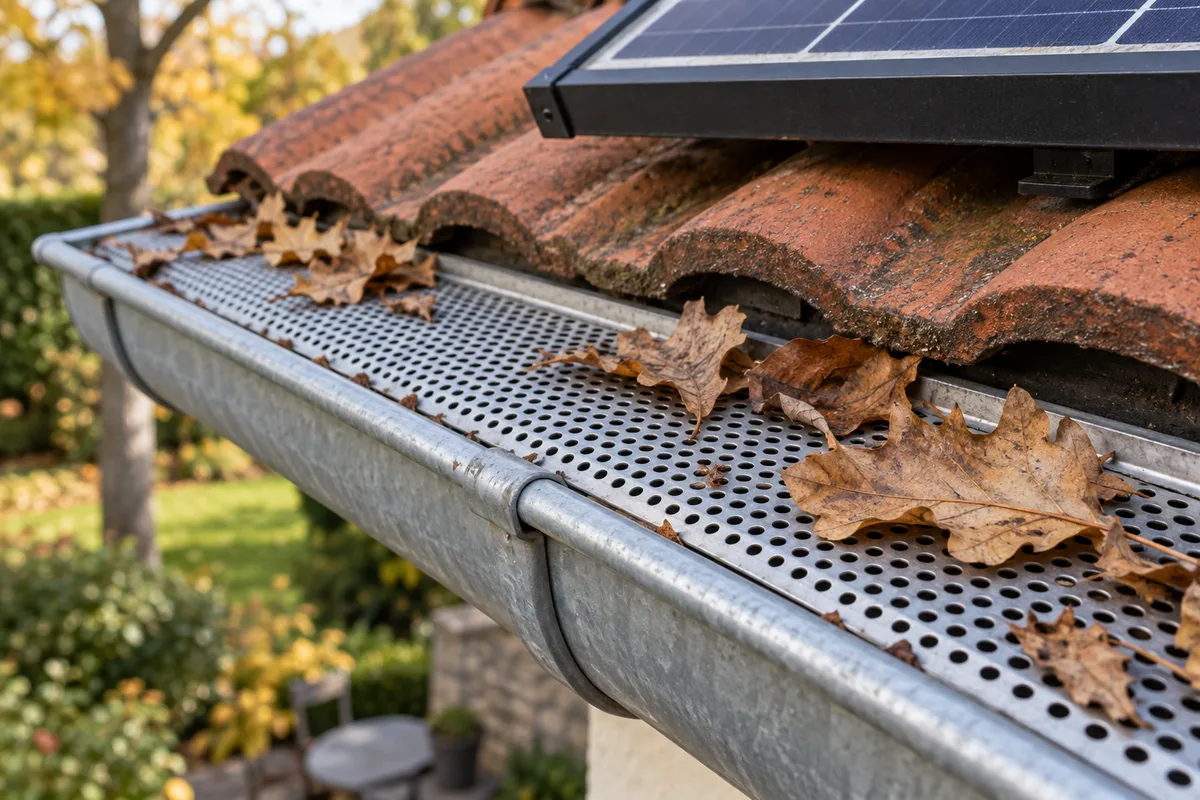 Grille pare-feuilles en métal posée sur une gouttière en bas d&rsquo;un toit en tuiles