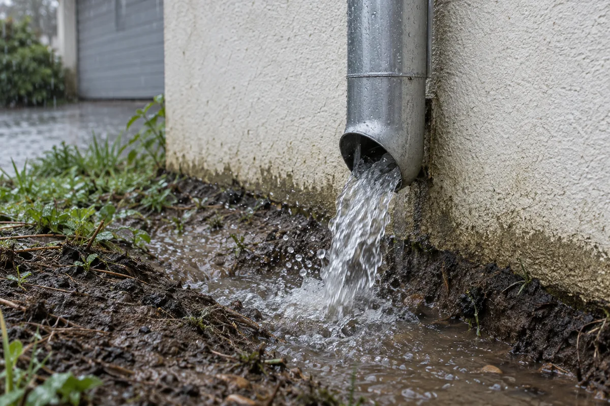 Descente de gouttière d&rsquo;un garage accolé qui rejette l&rsquo;eau au pied du mur, sur une bande de terre détrempée