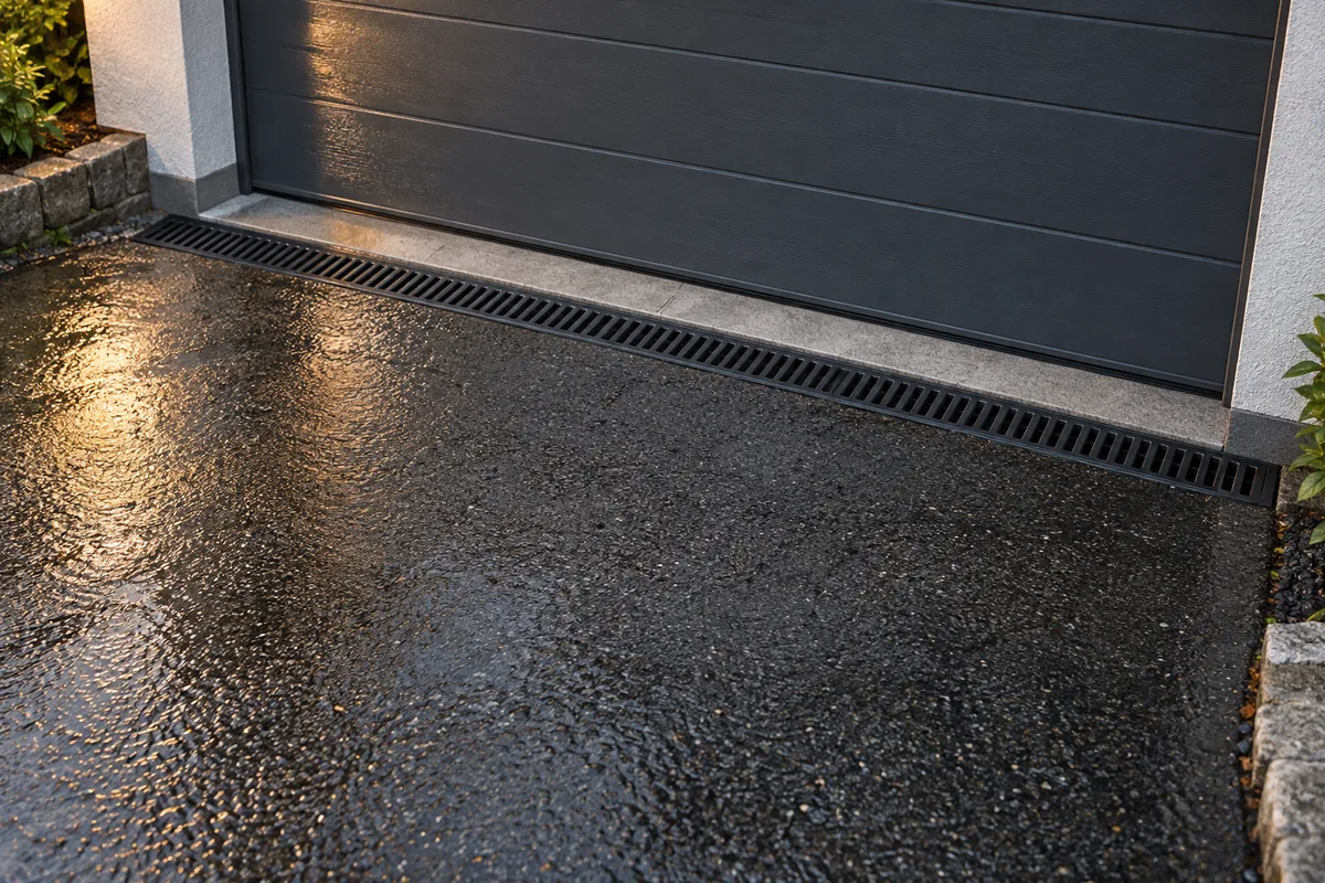 Caniveau à grille métallique posé sur toute la largeur devant le seuil d&rsquo;une porte de garage
