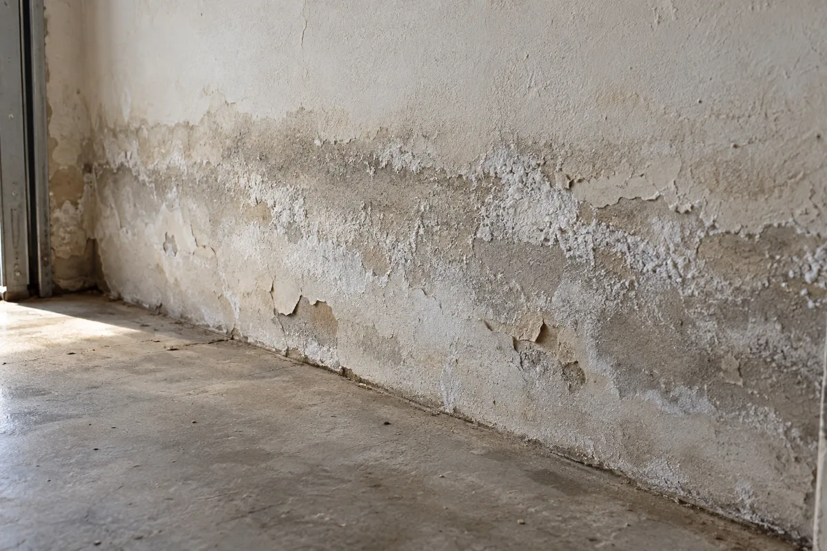 Bas de mur intérieur de garage marqué par une frange d&rsquo;humidité et un voile blanc de salpêtre sur l&rsquo;enduit