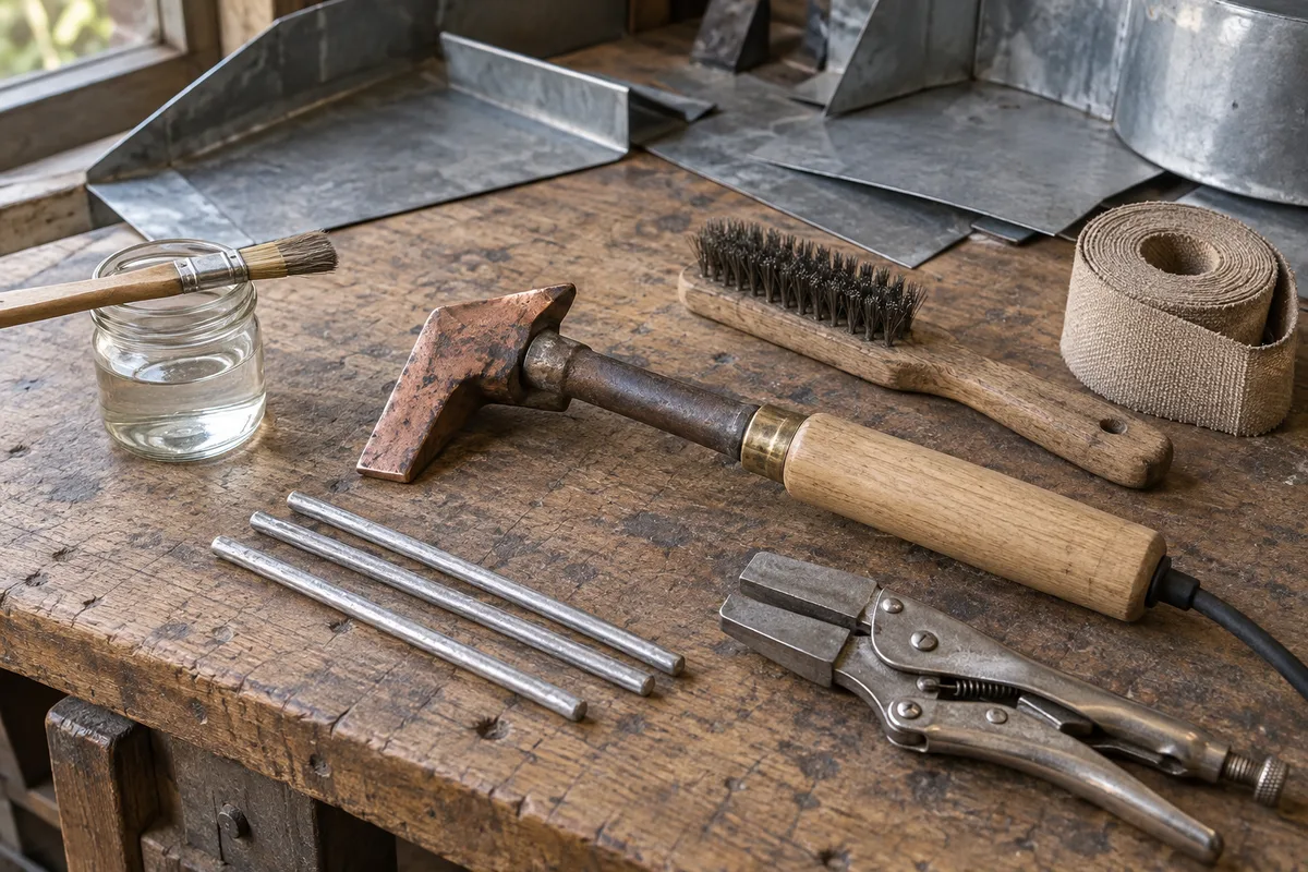 Fer à souder de zingueur à panne de cuivre, baguettes d&rsquo;étain, pinceau et brosse métallique posés sur un établi