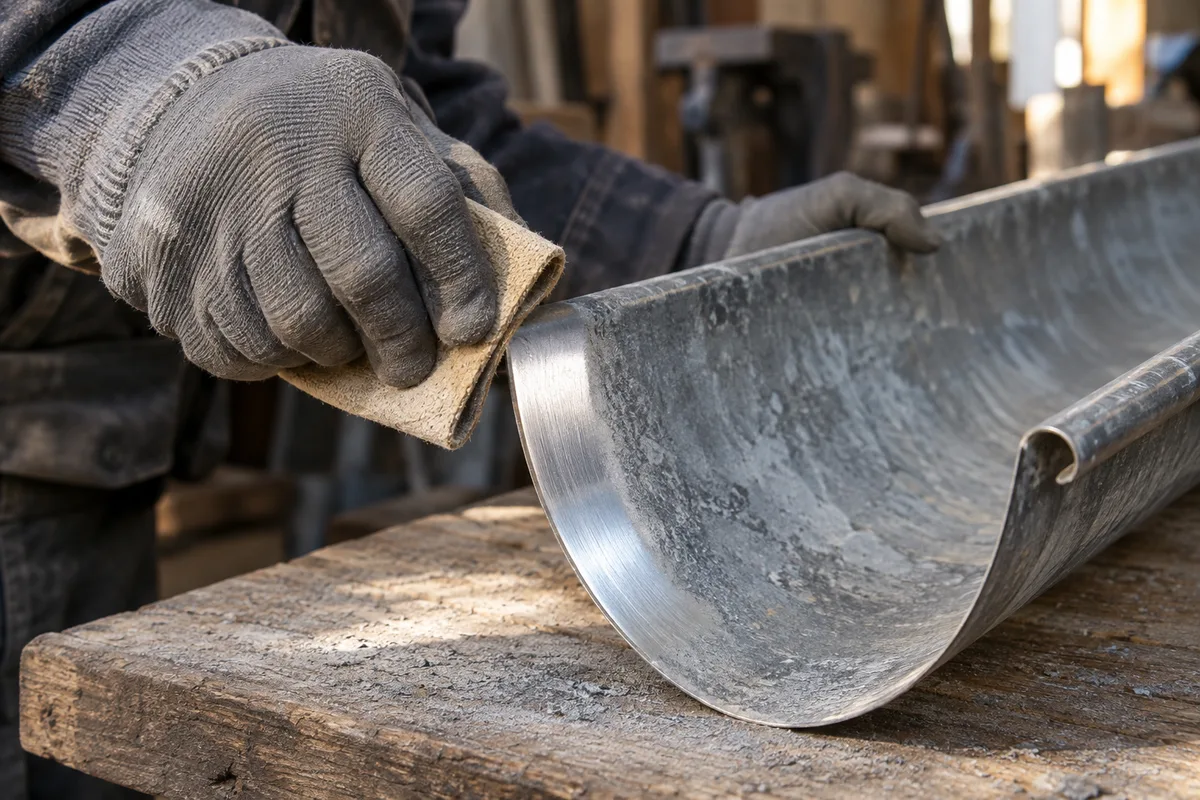Bord d&rsquo;une vieille gouttière en zinc patiné gratté à la toile abrasive jusqu&rsquo;à une bande de métal brillant
